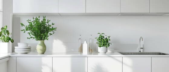 Fototapeta premium Minimalist kitchen with white cabinets and a single wooden cutting board, clean and simple, easy on the eyes