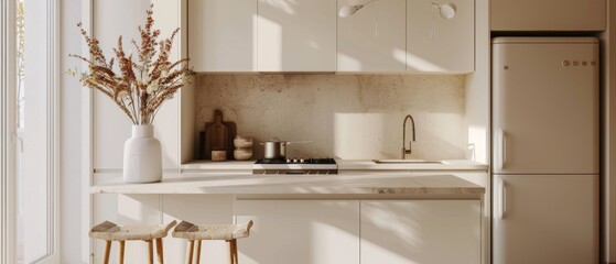 Minimalist kitchen with white cabinets and a single wooden cutting board, clean and simple, easy on the eyes