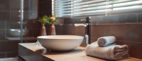 Modern bathroom with a single bright towel and a white sink, minimalist design, fresh