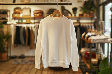 A white sweatshirt hanging on a wooden hanger in a boutique clothing store with a blurred background showcasing a variety of garments and accessories