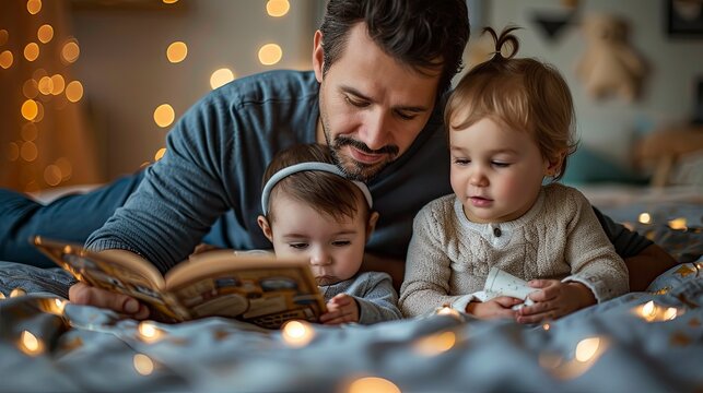A father reading a bedtime story to his children