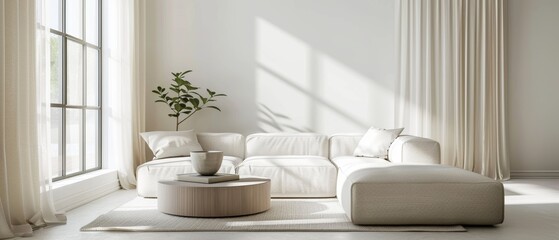 Modern living room with a white sofa, a small coffee table, and minimalistic decor, bright natural light