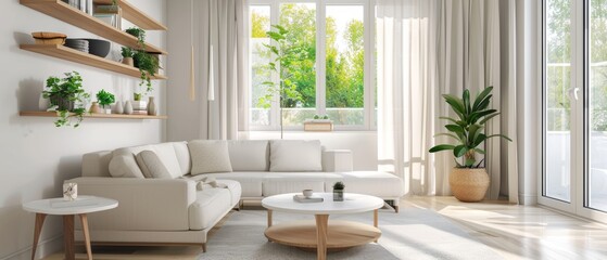 Fototapeta premium Modern living room with a white sofa, a small coffee table, and minimalistic decor, bright natural light