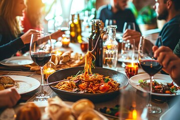 Group of friends having a pasta dinner party at restaurant - Happy young people eating italian traditional food together - Food and beverage lifestyle, Generative AI