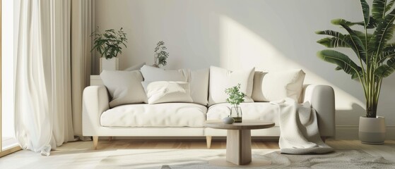 Modern living room with a white sofa, a small coffee table, and minimalistic decor, bright natural light