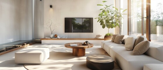 Modern living room with neutral tones and minimal decor, bright and airy, easy on the eyes