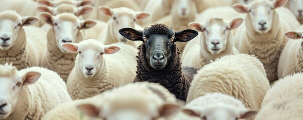 Black sheep standing out in flock.