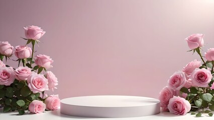 Background podium 3D pink with roses. 3D podium, stand background, stage, stage rendering minimal design.