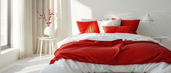Modern white bed with bright red bedding, minimalist bedroom, relaxing and visually pleasing