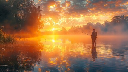 A man fishing at a tranquil lake during sunrise