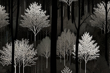 Black & white line forest with minimalist trees. Abstract background showcasing rhythm and repetition in nature.