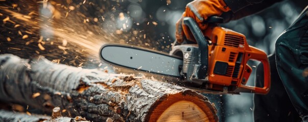 chainsaw in motion, slicing through a log with sawdust flying around Suitable for work and power tools themes.