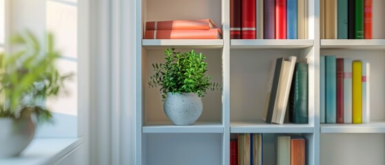 Simple white bookshelf with a few bright books, minimalist decor, visually pleasing