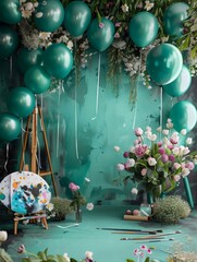 Gratulation backdrop with balloons of  still life with green