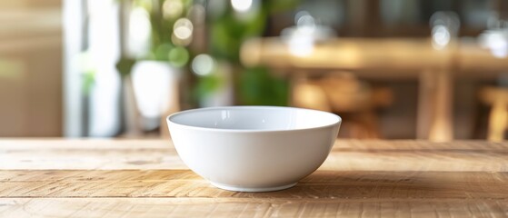 White ceramic bowl with a bright interior on a wooden table, minimalism, clean