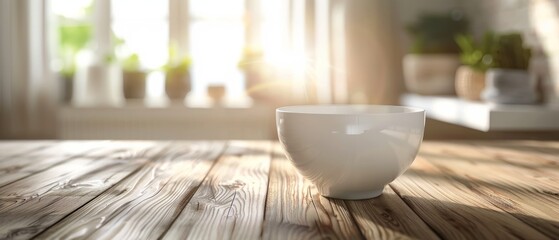 White ceramic bowl with a bright interior on a wooden table, minimalism, clean