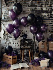 Gratulation backdrop with balloons of  black and white room