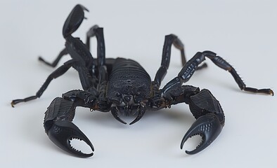 A black scorpion with black eyes and long legs, sitting on the white surface of an empty table. The scorpion has dark brown head features that add to its realistic appearance. Generative Ai
