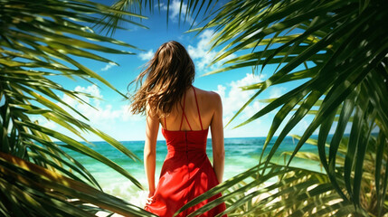 Back view of woman in red dress on summer background with copy space. - Powered by Adobe