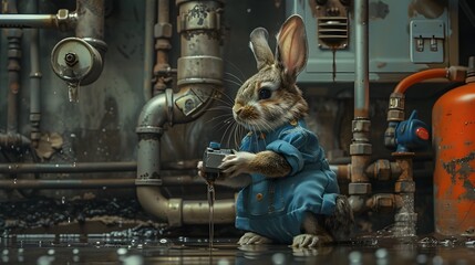 Surreal of Netherland Dwarf Rabbit Plumber Fixing Leaking Pipe in Working Setting