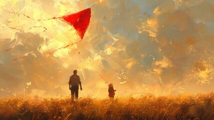 A father and daughter flying a kite in an open field - Powered by Adobe