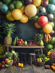 Gratulation backdrop with balloons of  fruits and vegetables
