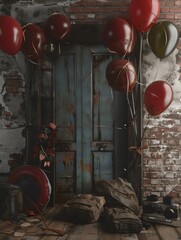 Gratulation backdrop with balloons of old house