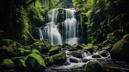 A lush green forest waterfall cascades over moss-covered rocks into a clear, 
