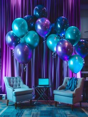 Gratulation backdrop with balloons in room with and lights