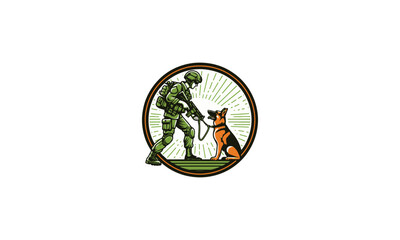 Military, soldier, rifle, German shepherd, training, circle, round design logo 
