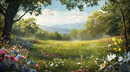 Fototapeta premium Beautiful spring meadow with blooming wildflowers and fresh greenery, spring theme, whimsical, Composite, serene countryside backdrop