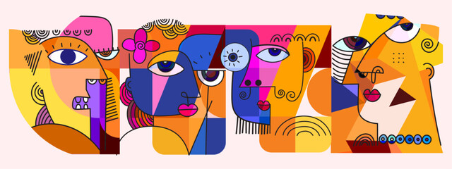Group face portrait abstraction wall art  vector illustration. Creative shapes, doodles, decorative, geometric, graphic with textured colorful design. Aesthetic for cards, poster, cover, background.