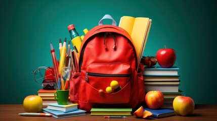 back-to-school scene showcasing a child's backpack overflowing with colorful school