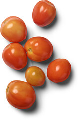 tomatoes scattered and isolated white background, reddish orange matured ripe fruits taken from above