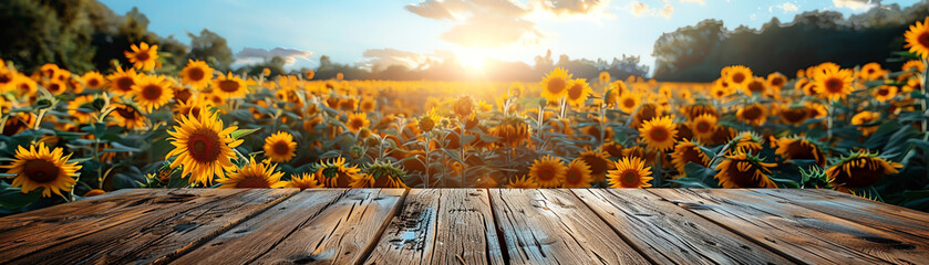 Sunlit sunflower field with a wooden table in the foreground, perfect for nature-themed content and backgrounds.