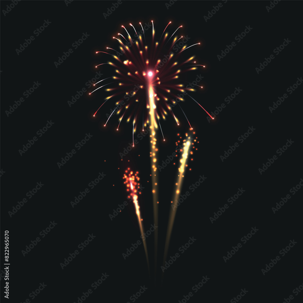 Poster firework pictograms black background. festive patterned firework bursting in various shapes sparklin