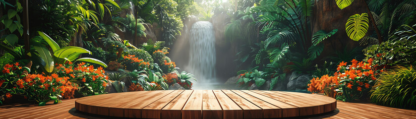 A tranquil tropical waterfall flowing into a serene pool surrounded by lush greenery and colorful flowers, with a wooden deck in the foreground.