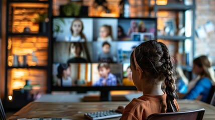 Child Participating in Online Virtual Classroom from Home
