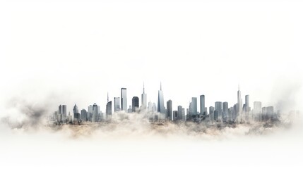 cloud of smog hovering over a city skyline on a white background. 