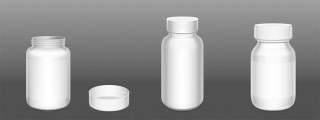 3d white plastic pill bottle. Supplement container package mockup. Medicine jar for capsule, drug, protein or aspirin with empty prescription label template and lid. Pharmaceutical pack mock up