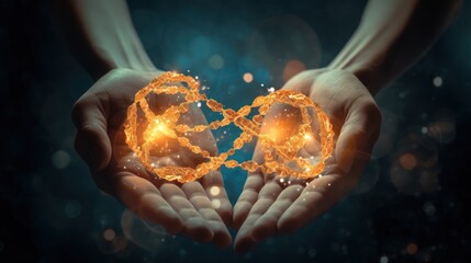 DNA molecule interlaced with human hands, 