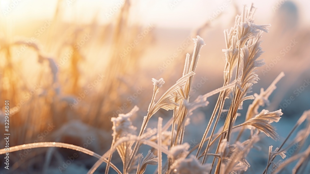 Poster a field of grass covered in frost. the sun is setting in the background