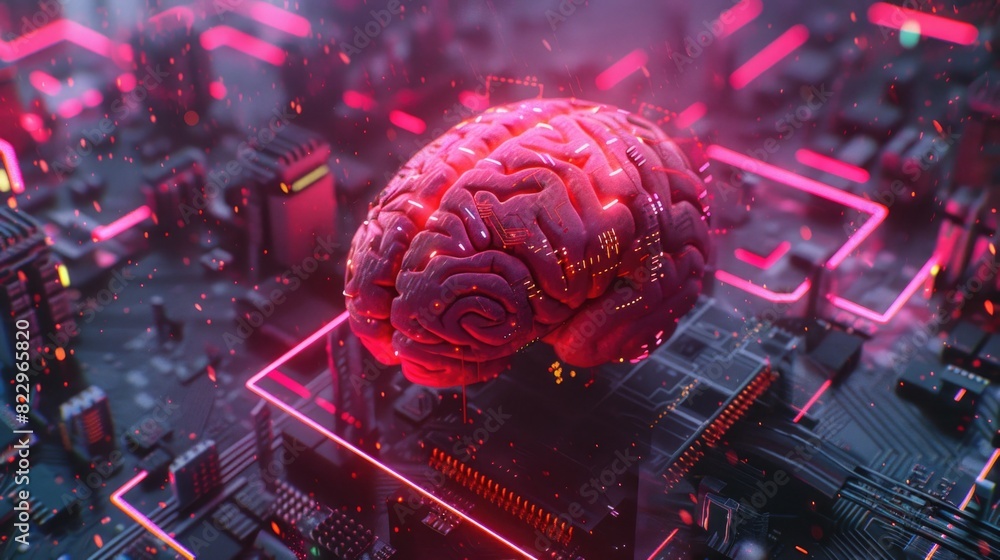 Aufkleber a computer chip with a brain on it. the brain is red and glowing. the image has a futuristic and tec