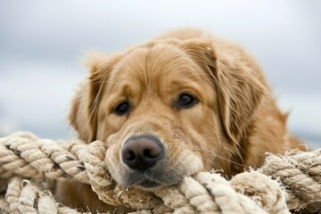 A dog is laying on a rope with its nose on the rope. The dog appears to be sad or tired