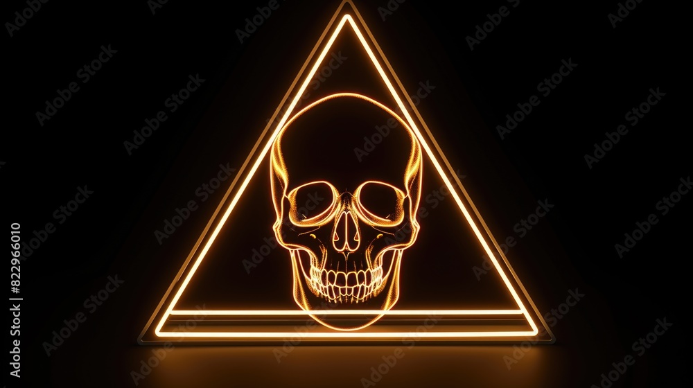 Poster a skull is lit up in a neon color and is surrounded by a triangle. the image has a dark and ominous 