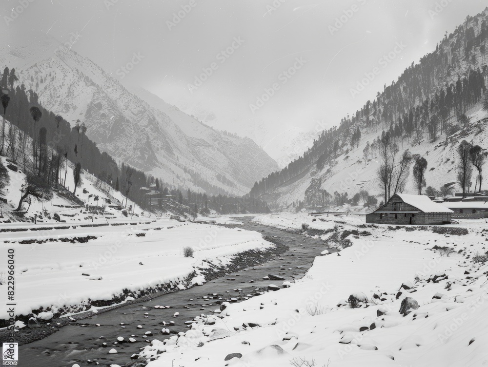 Poster a snowy mountain range with a river running through it. the river is frozen and the snow is piled up