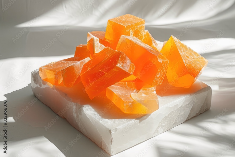 Poster a white surface with a pile of orange cubes on it. the cubes are arranged in a way that they look li