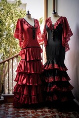 Two women in red and black dresses stand side by side. The dresses are long and flowy, with lace detailing. Scene is elegant and sophisticated, as the women are dressed in traditional Spanish clothing