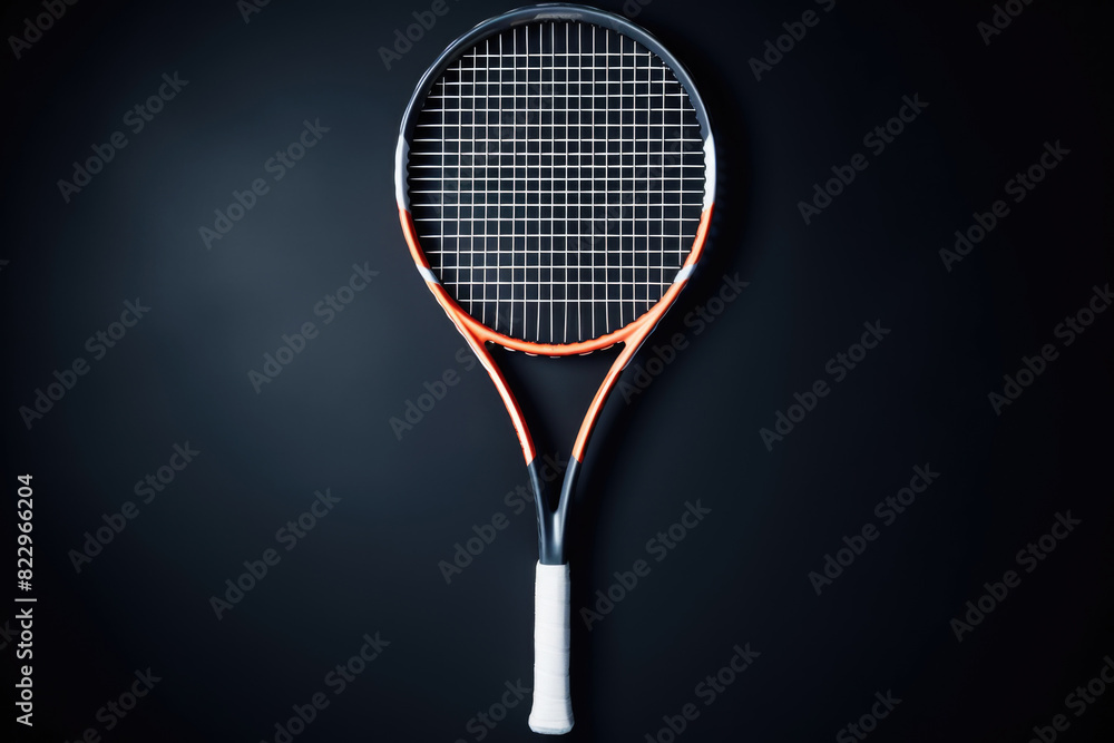Poster a tennis racket with a black and orange handle. the racket is the main focus of the image
