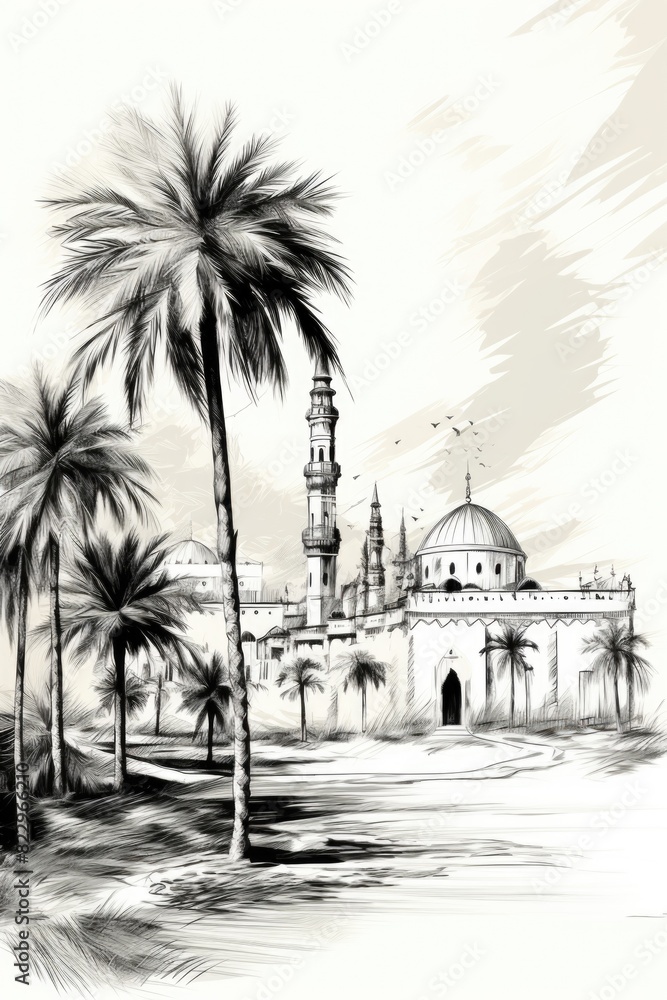 Poster a drawing of a palm tree and a building with a dome on top. the drawing is of a city with a mosque i